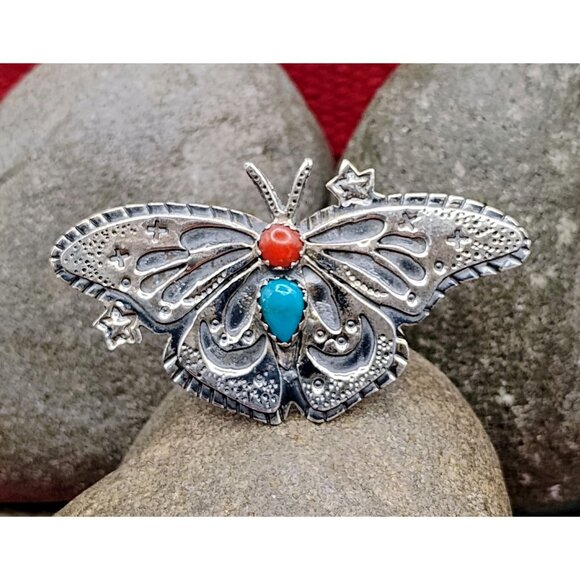 Southwest Sterling Silver Overlay Butterfly Ring Turquoise & Coral Size 8 - Picture 1 of 6